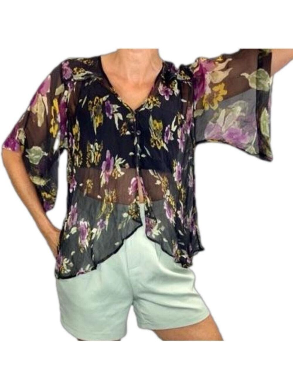 Free People Katomi oversized black floral kimono sleeve top XS